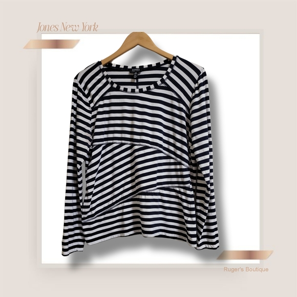 🌿Jones New York Women's XL Navy Blue White Multi Direction Striped Blouse - Picture 3 of 11